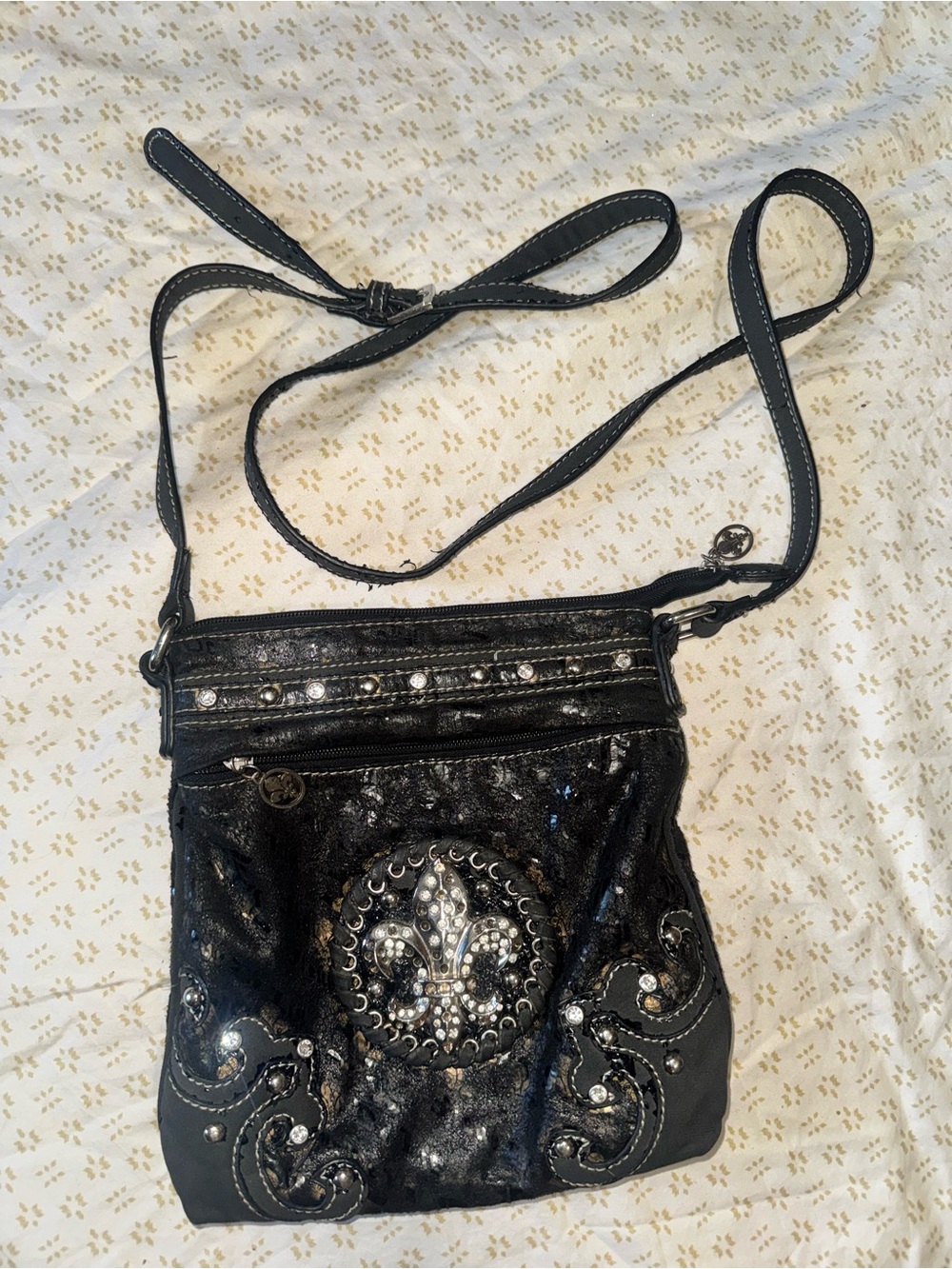 Vintage Y2K Fleur De Lis Rhinestone Crossbody Bag